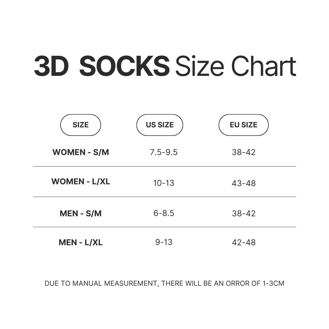 3D Socks Size Chart - Inanimate Insanity Merch